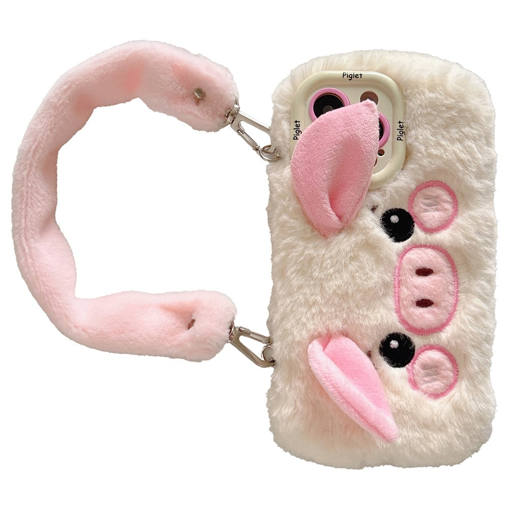 KJS-019 For iPhone 15 Pro Max Case Lens Kickstand TPU Piglet Plush Handheld Phone Cover