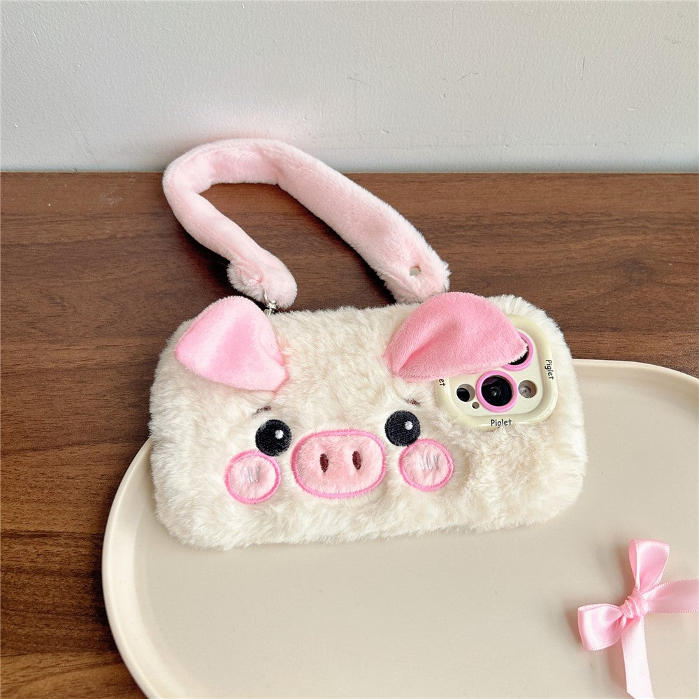 KJS-019 For iPhone 15 Pro Max Case Lens Kickstand TPU Piglet Plush Handheld Phone Cover