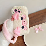 KJS-019 For iPhone 15 Pro Max Case Lens Kickstand TPU Piglet Plush Handheld Phone Cover