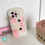 KJS-019 For iPhone 15 Pro Max Case Lens Kickstand TPU Piglet Plush Handheld Phone Cover