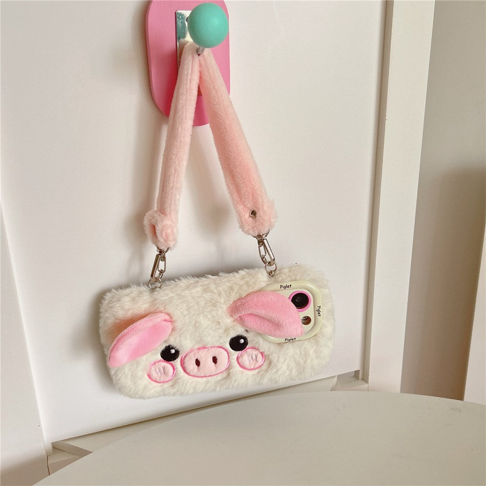 KJS-019 For iPhone 15 Pro Max Case Lens Kickstand TPU Piglet Plush Handheld Phone Cover