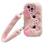 KJS-019 For iPhone 15 Pro Max Case Lens Kickstand TPU Piglet Plush Handheld Phone Cover