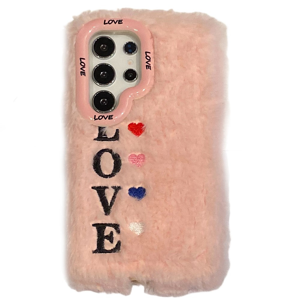 KJS-002 For Samsung Galaxy S24 Ultra Case Lens Kickstand Embroidered LOVE Fluffy TPU Phone Cover