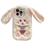 KJS-023 For iPhone 15 Pro Max Case Cute Rabbit Lens Kickstand TPU Warm Plush Handheld Phone Cover