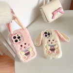 KJS-023 For iPhone 15 Pro Max Case Cute Rabbit Lens Kickstand TPU Warm Plush Handheld Phone Cover