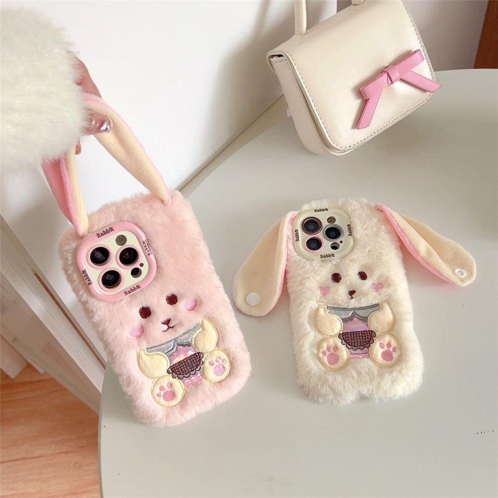 KJS-023 For iPhone 15 Pro Max Case Cute Rabbit Lens Kickstand TPU Warm Plush Handheld Phone Cover