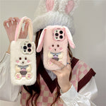 KJS-023 For iPhone 15 Pro Max Case Cute Rabbit Lens Kickstand TPU Warm Plush Handheld Phone Cover