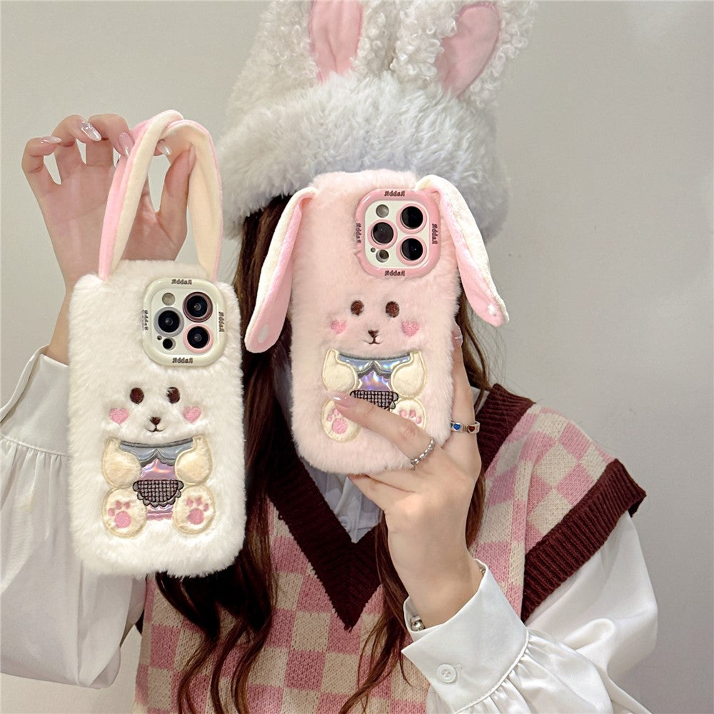 KJS-023 For iPhone 15 Pro Max Case Cute Rabbit Lens Kickstand TPU Warm Plush Handheld Phone Cover