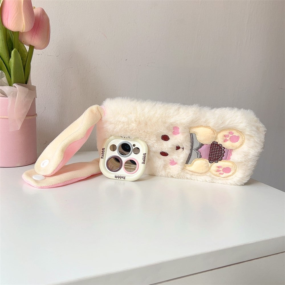 KJS-023 For iPhone 15 Pro Max Case Cute Rabbit Lens Kickstand TPU Warm Plush Handheld Phone Cover