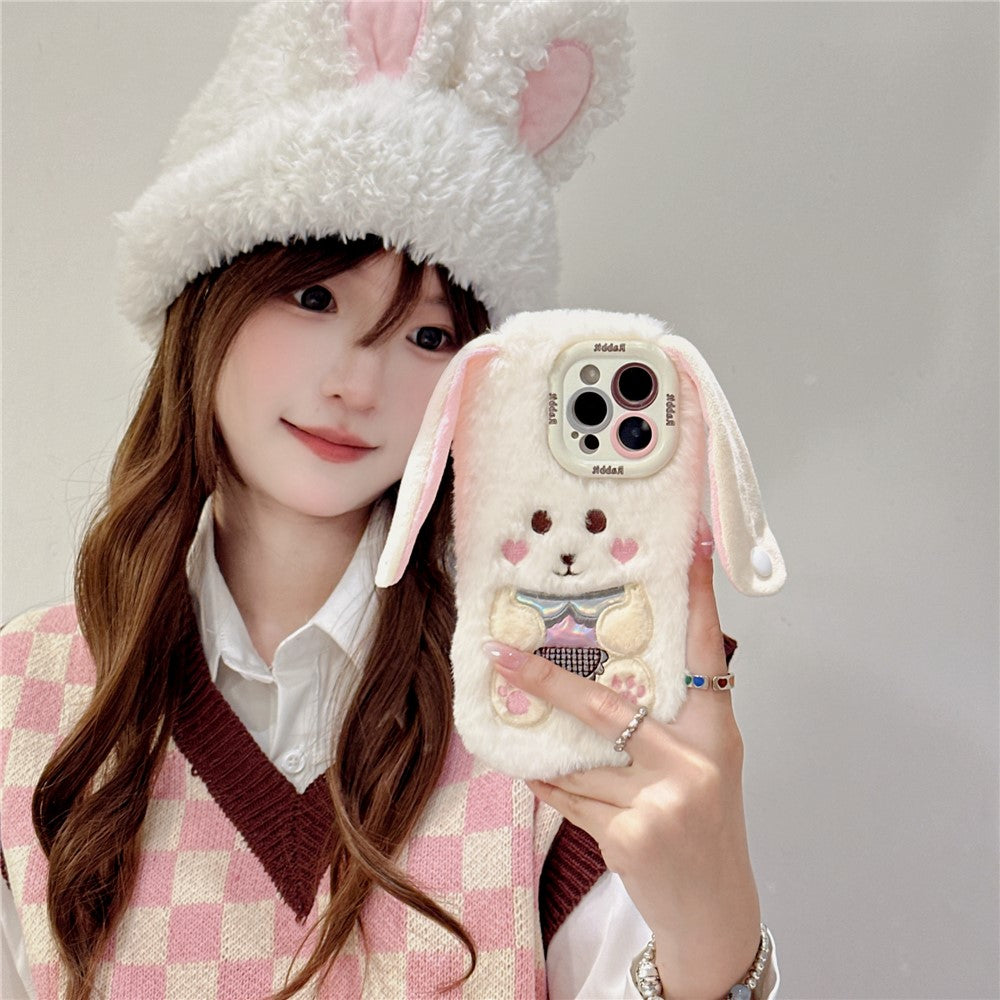 KJS-023 For iPhone 15 Pro Max Case Cute Rabbit Lens Kickstand TPU Warm Plush Handheld Phone Cover