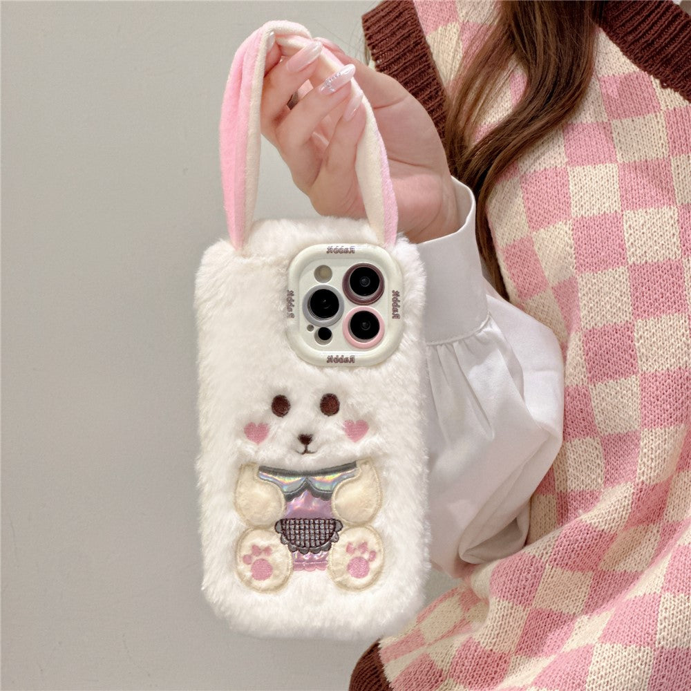 KJS-023 For iPhone 15 Pro Max Case Cute Rabbit Lens Kickstand TPU Warm Plush Handheld Phone Cover