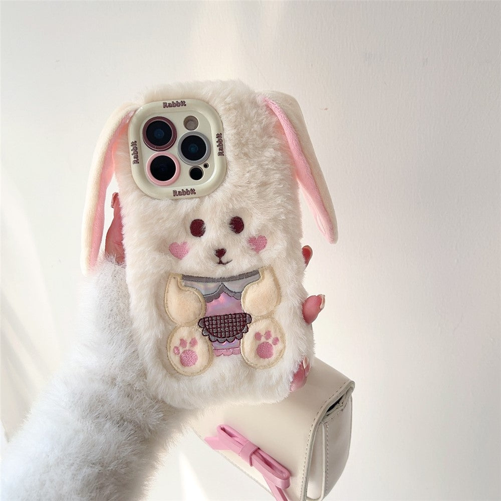 KJS-023 For iPhone 15 Pro Max Case Cute Rabbit Lens Kickstand TPU Warm Plush Handheld Phone Cover