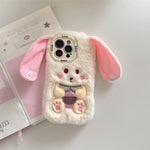 KJS-023 For iPhone 15 Pro Max Case Cute Rabbit Lens Kickstand TPU Warm Plush Handheld Phone Cover