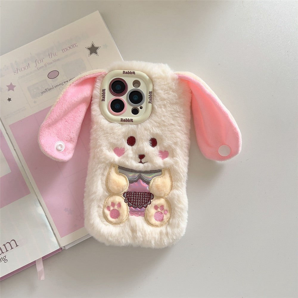KJS-023 For iPhone 15 Pro Max Case Cute Rabbit Lens Kickstand TPU Warm Plush Handheld Phone Cover