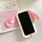 KJS-023 For iPhone 15 Pro Max Case Cute Rabbit Lens Kickstand TPU Warm Plush Handheld Phone Cover