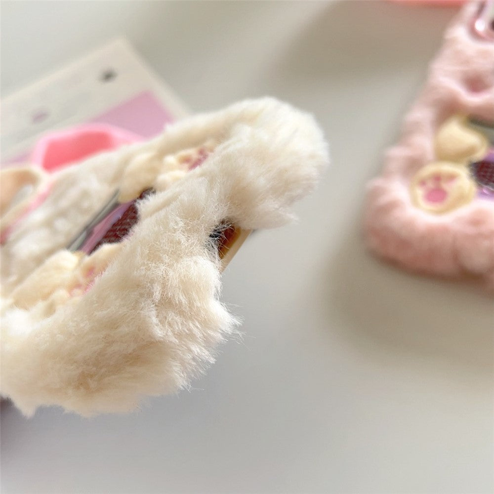 KJS-023 For iPhone 15 Pro Max Case Cute Rabbit Lens Kickstand TPU Warm Plush Handheld Phone Cover