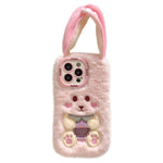 KJS-023 For iPhone 15 Pro Max Case Cute Rabbit Lens Kickstand TPU Warm Plush Handheld Phone Cover