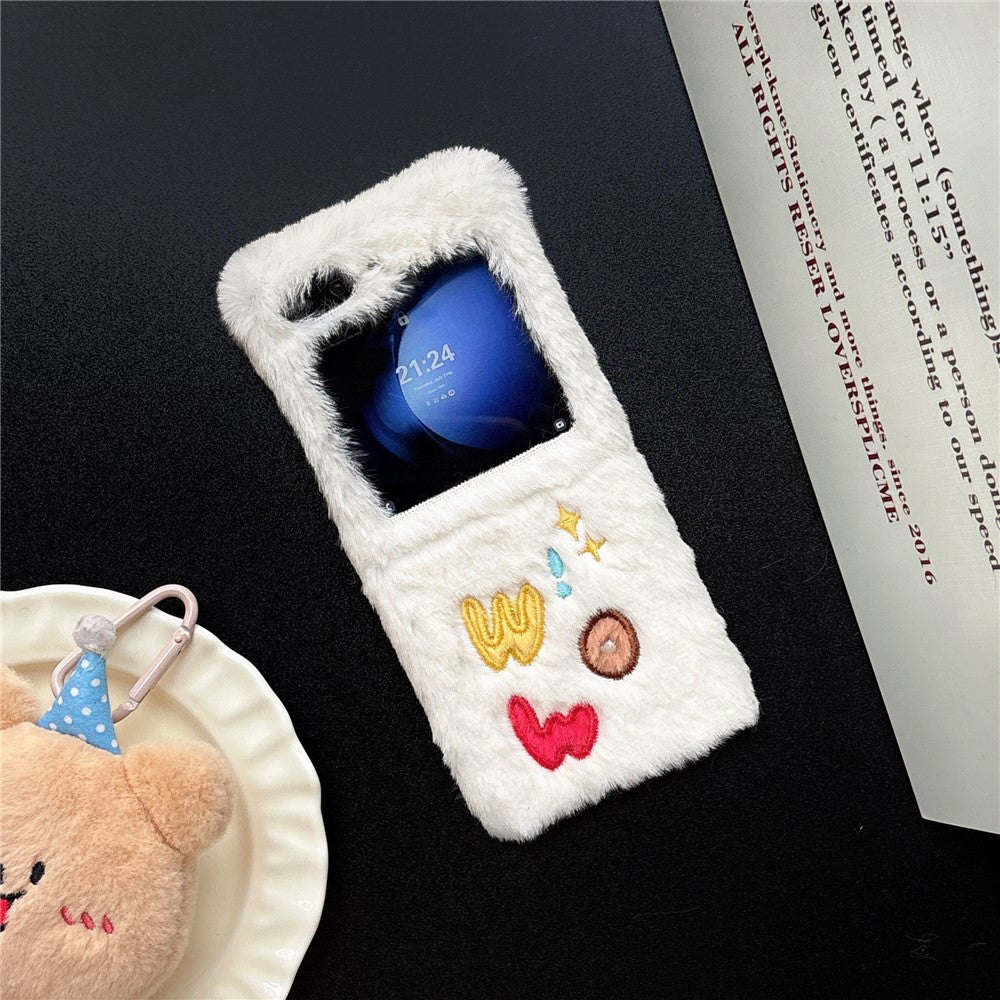 KJS-018 För Samsung Galaxy Z Flip7 FE 5G / Z Flip6 5G Skal Broderat WOW Mjukt Plysch Hårt PC mobilskal