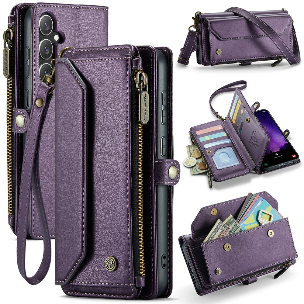 CASEME For Samsung Galaxy S24 FE Leather Case  C36 Zipper Multiple Card Slots Phone Cover with Straps