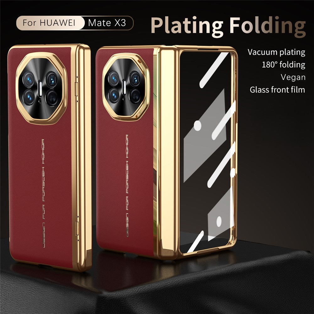 For Huawei Mate X3 5G Case PU Leather+PC Electroplating Phone Cover with Tempered Glass Screen Film