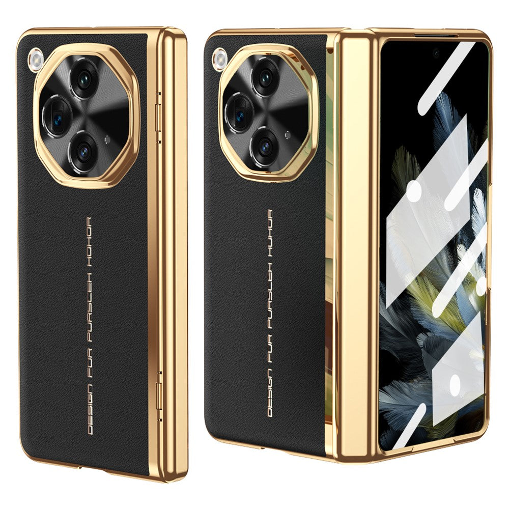 For Oppo Find N3 5G Case PU Leather+PC Electroplating Phone Cover with Tempered Glass Screen Film
