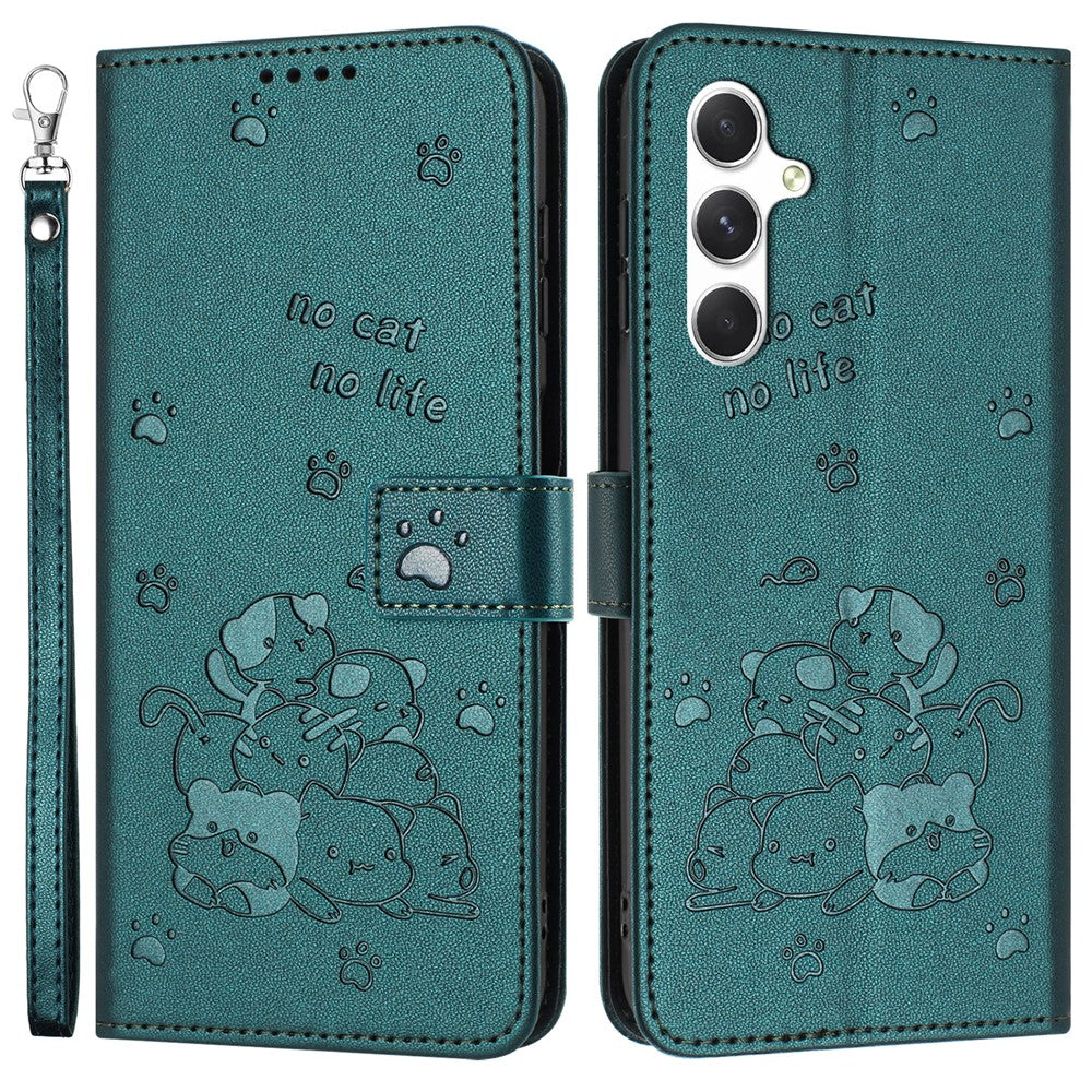 For Samsung Galaxy A55 5G Case with Strap Cats Imprint Leather Wallet Phone Cover