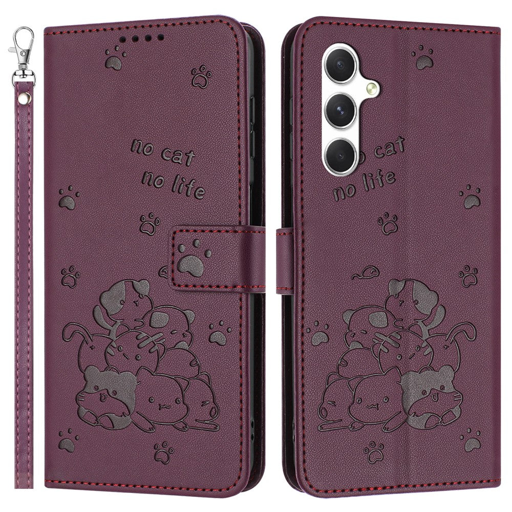 For Samsung Galaxy S24 FE Case with Strap Cats Imprint Leather Wallet Phone Cover