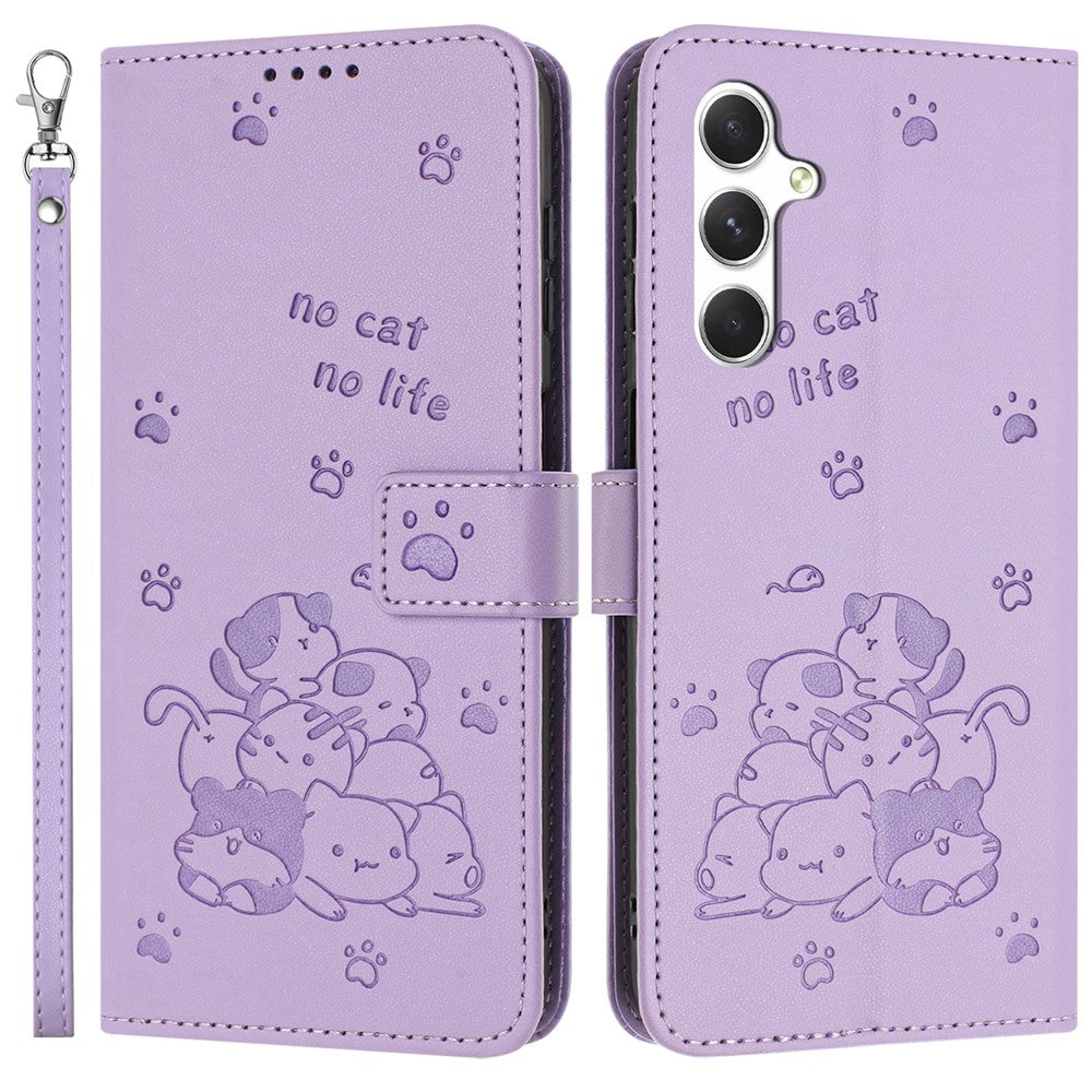 For Samsung Galaxy S24 FE Case with Strap Cats Imprint Leather Wallet Phone Cover