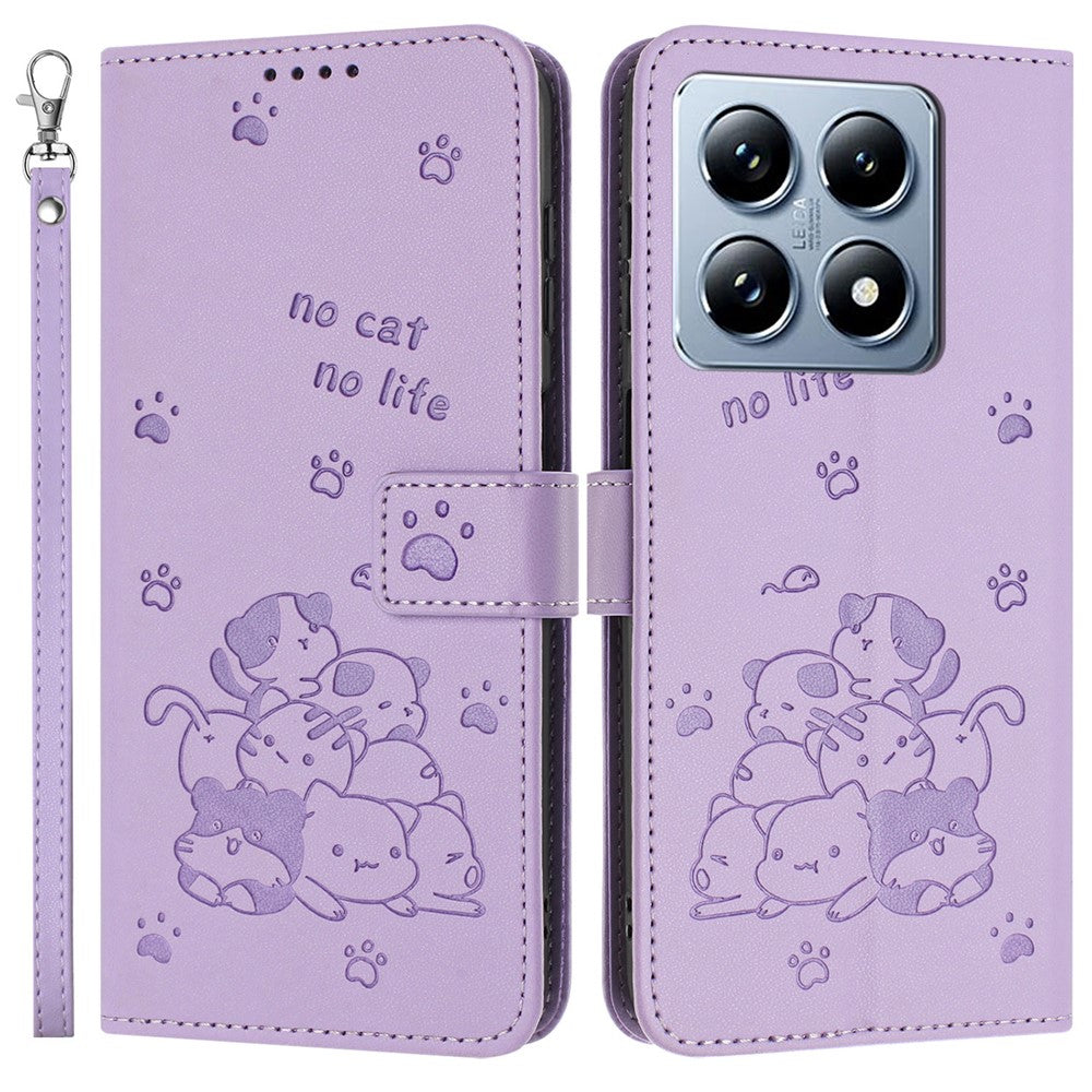 For Xiaomi 14T Case with Strap Cats Imprint Leather Wallet Phone Cover