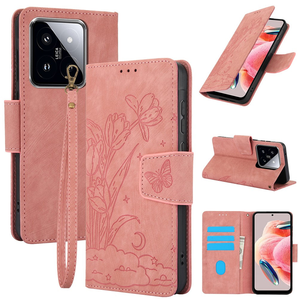 SY-001 For Xiaomi 14T Case Flower Butterfly Leather Wallet Phone Cover with Hand Strap