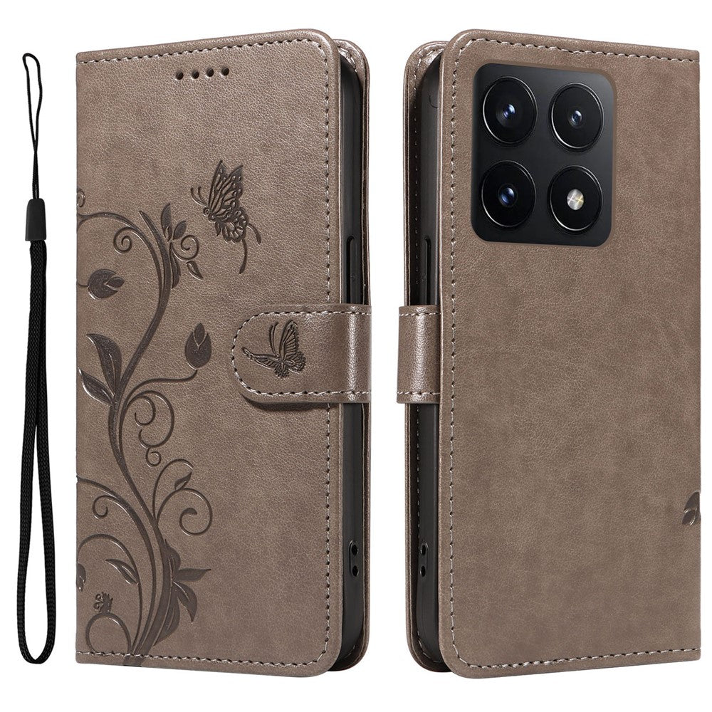 For Xiaomi 14T PU Leather Cases Flower Pattern Wallet Stand Phone Cover with Strap