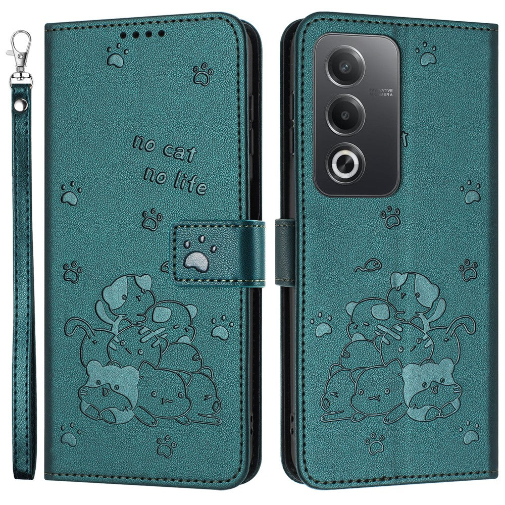 Lædercover til Oppo A80 5G / K12x 5G (Indien) / A3 Pro (Global) 5G / A3 Pro (Indien) 5G med katteaftryk, tegnebogscover i læder med rem
