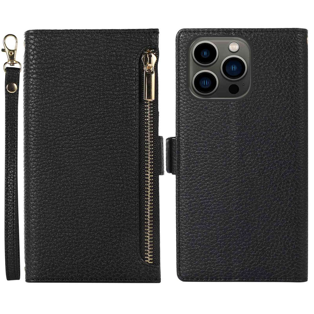 Litchi-tekstur Telefoncover til iPhone 14 Pro, Lynlåslomme Fuld Dækning PU Læder Telefon Flip Cover Pung med Rem