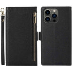 Litchi Texture Phone Case for iPhone 14 Pro, Zipper Pocket Full Coverage PU Leather Phone Flip Cover Wallet with Strap
