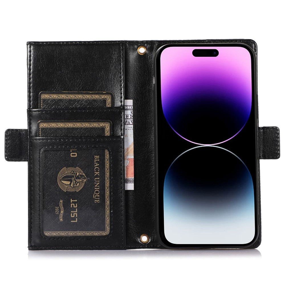 Litchi Texture Phone Case for iPhone 14 Pro, Zipper Pocket Full Coverage PU Leather Phone Flip Cover Wallet with Strap
