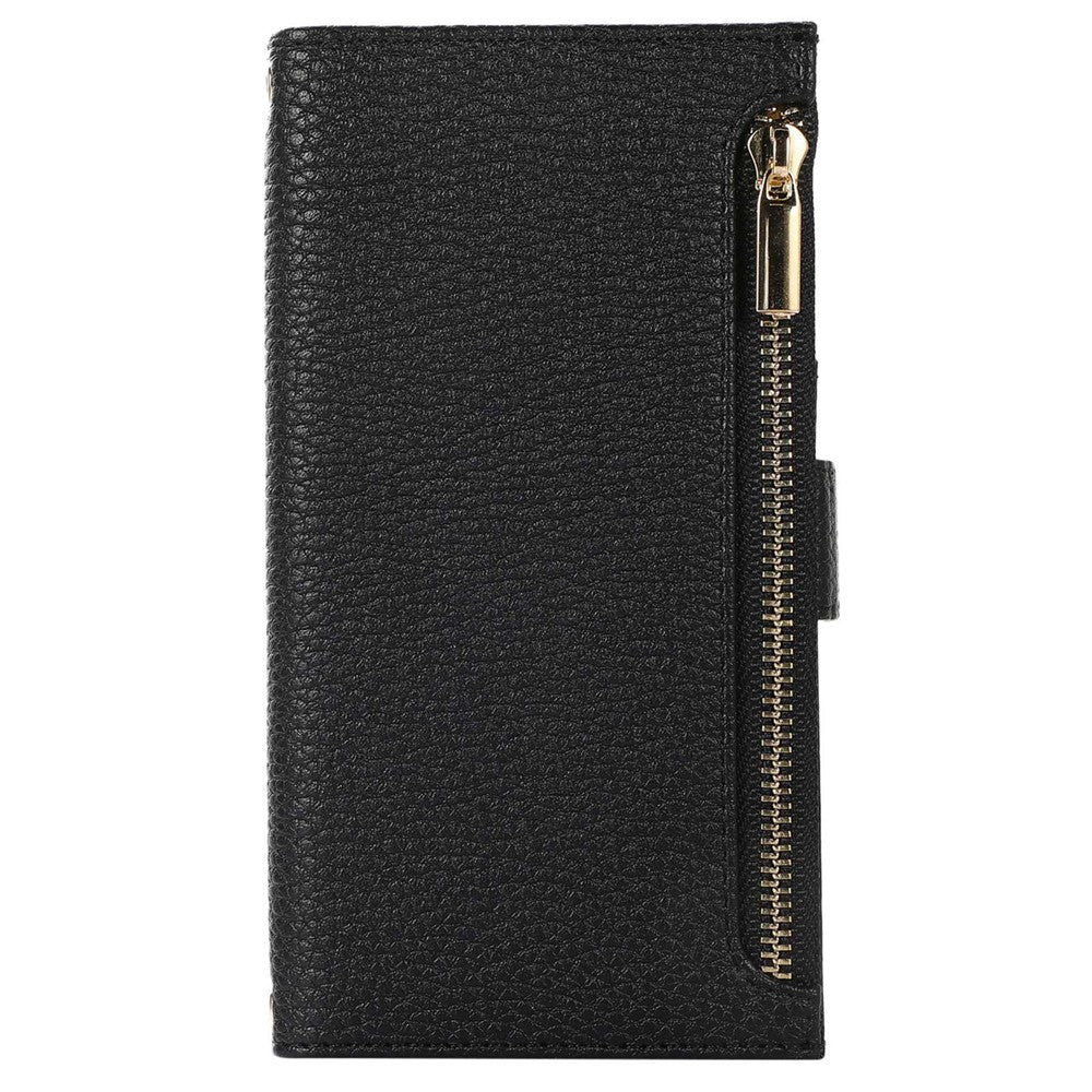 Litchi Texture Phone Case for iPhone 14 Pro, Zipper Pocket Full Coverage PU Leather Phone Flip Cover Wallet with Strap
