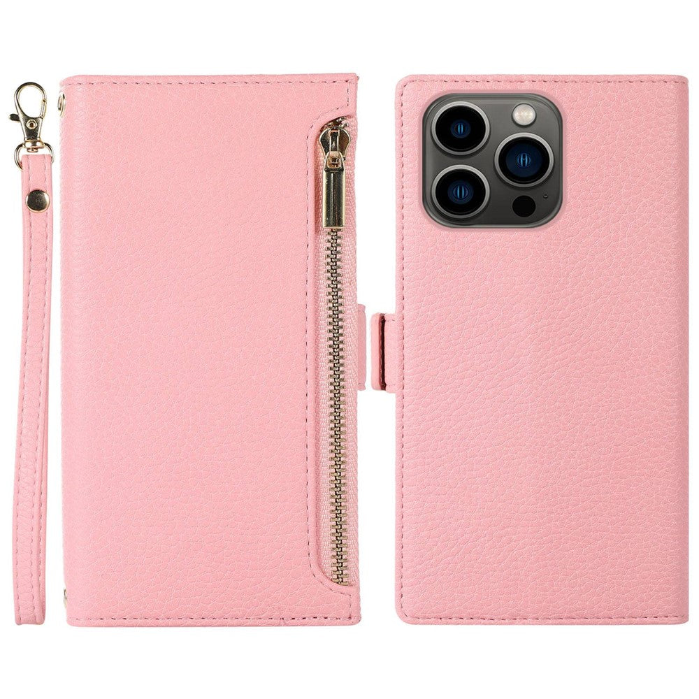 Litchi Texture Phone Case for iPhone 14 Pro, Zipper Pocket Full Coverage PU Leather Phone Flip Cover Wallet with Strap