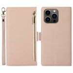 Litchi Texture Phone Case for iPhone 14 Pro, Zipper Pocket Full Coverage PU Leather Phone Flip Cover Wallet with Strap