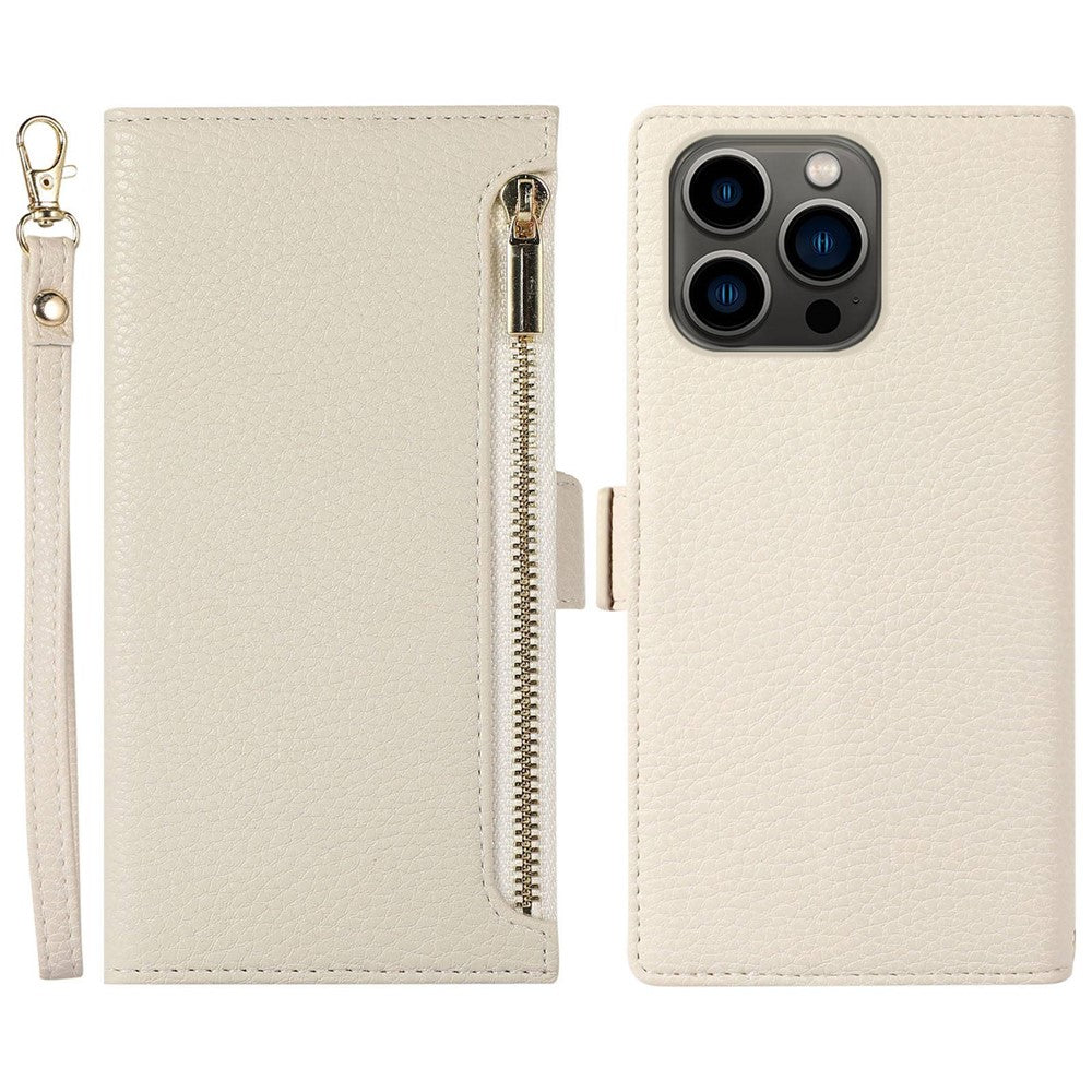 Litchi Texture Phone Case for iPhone 14 Pro, Zipper Pocket Full Coverage PU Leather Phone Flip Cover Wallet with Strap
