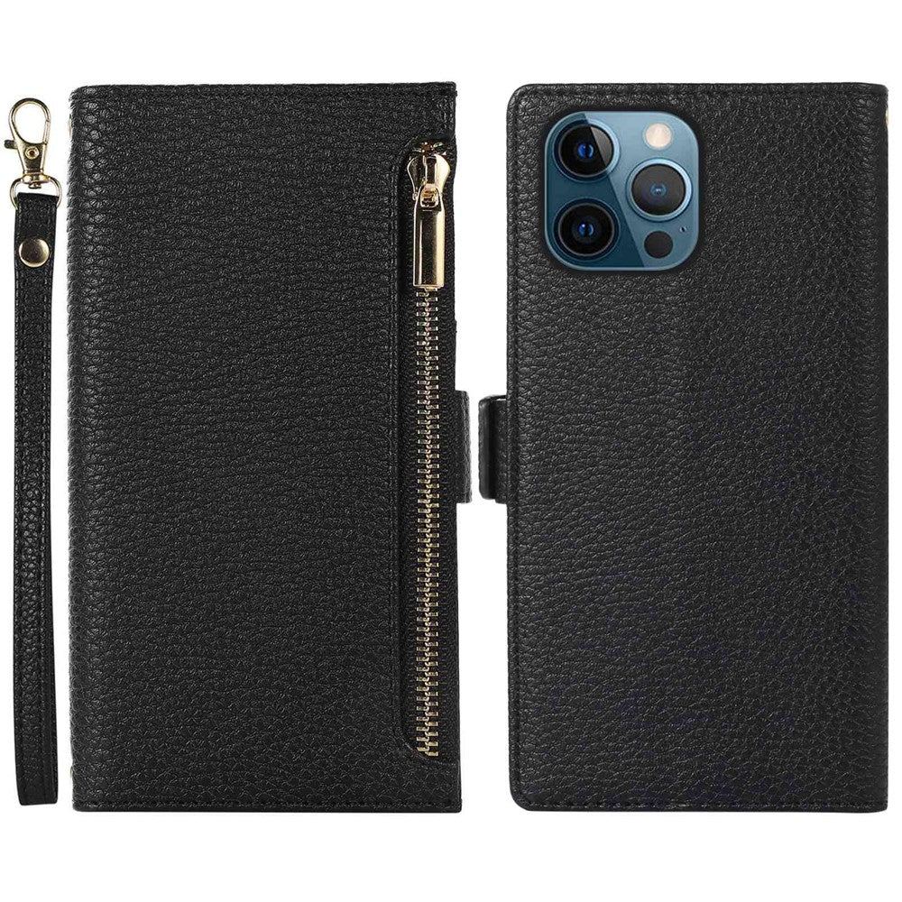 Til iPhone 12 Pro Max 6.7 tommer lynlåslomme-design Litchi-tekstur telefonetui, PU-læder stødsikkert flipcover pung med rem
