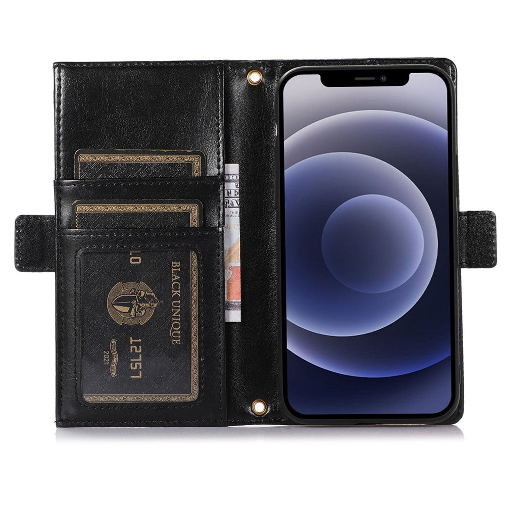 Til iPhone 12 Pro Max 6.7 tommer lynlåslomme-design Litchi-tekstur telefonetui, PU-læder stødsikkert flipcover pung med rem