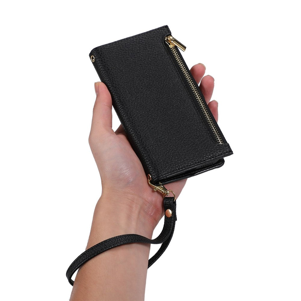 Til iPhone 12 Pro Max 6.7 tommer lynlåslomme-design Litchi-tekstur telefonetui, PU-læder stødsikkert flipcover pung med rem
