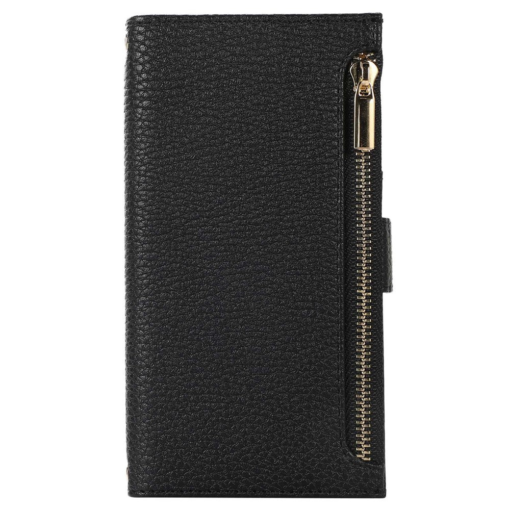 Til iPhone 12 Pro Max 6.7 tommer lynlåslomme-design Litchi-tekstur telefonetui, PU-læder stødsikkert flipcover pung med rem