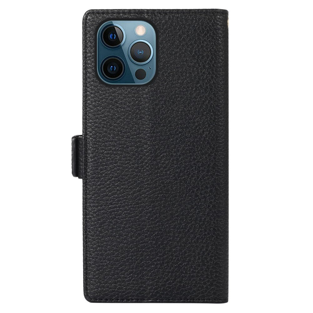 Til iPhone 12 Pro Max 6.7 tommer lynlåslomme-design Litchi-tekstur telefonetui, PU-læder stødsikkert flipcover pung med rem