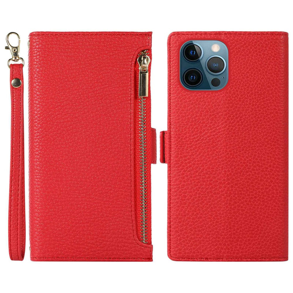 Til iPhone 12 Pro Max 6.7 tommer lynlåslomme-design Litchi-tekstur telefonetui, PU-læder stødsikkert flipcover pung med rem