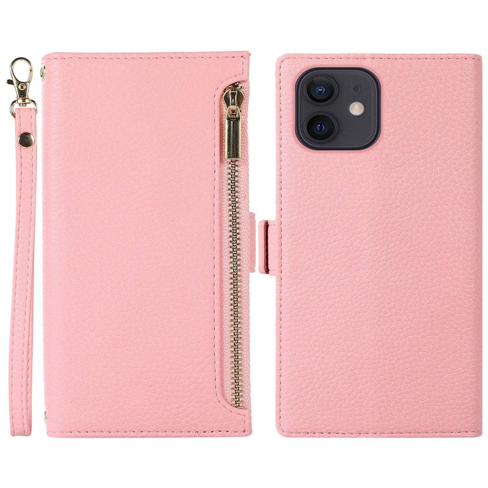 Til iPhone 12 Pro Max 6.7 tommer lynlåslomme-design Litchi-tekstur telefonetui, PU-læder stødsikkert flipcover pung med rem