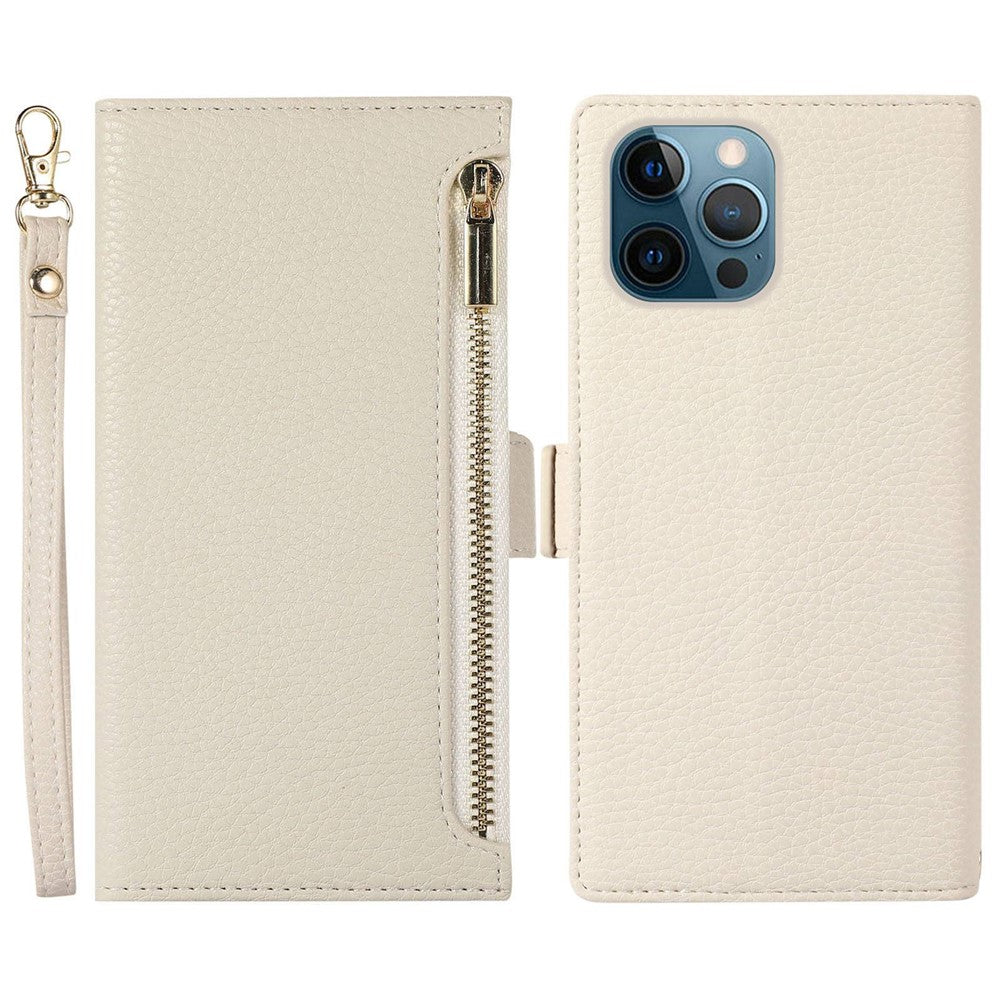 Til iPhone 12 Pro Max 6.7 tommer lynlåslomme-design Litchi-tekstur telefonetui, PU-læder stødsikkert flipcover pung med rem