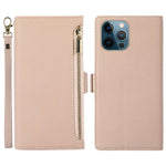 Til iPhone 12 Pro Max 6.7 tommer lynlåslomme-design Litchi-tekstur telefonetui, PU-læder stødsikkert flipcover pung med rem