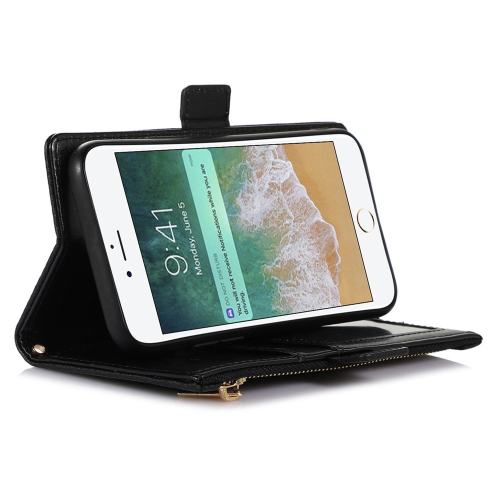 For iPhone 6 Plus / 6s Plus / 7 Plus / 8 Plus 5.5 inch Anti-collision Zipper Pocket Design Litchi Texture Phone Case, PU Leather Flip Cover Wallet with Strap