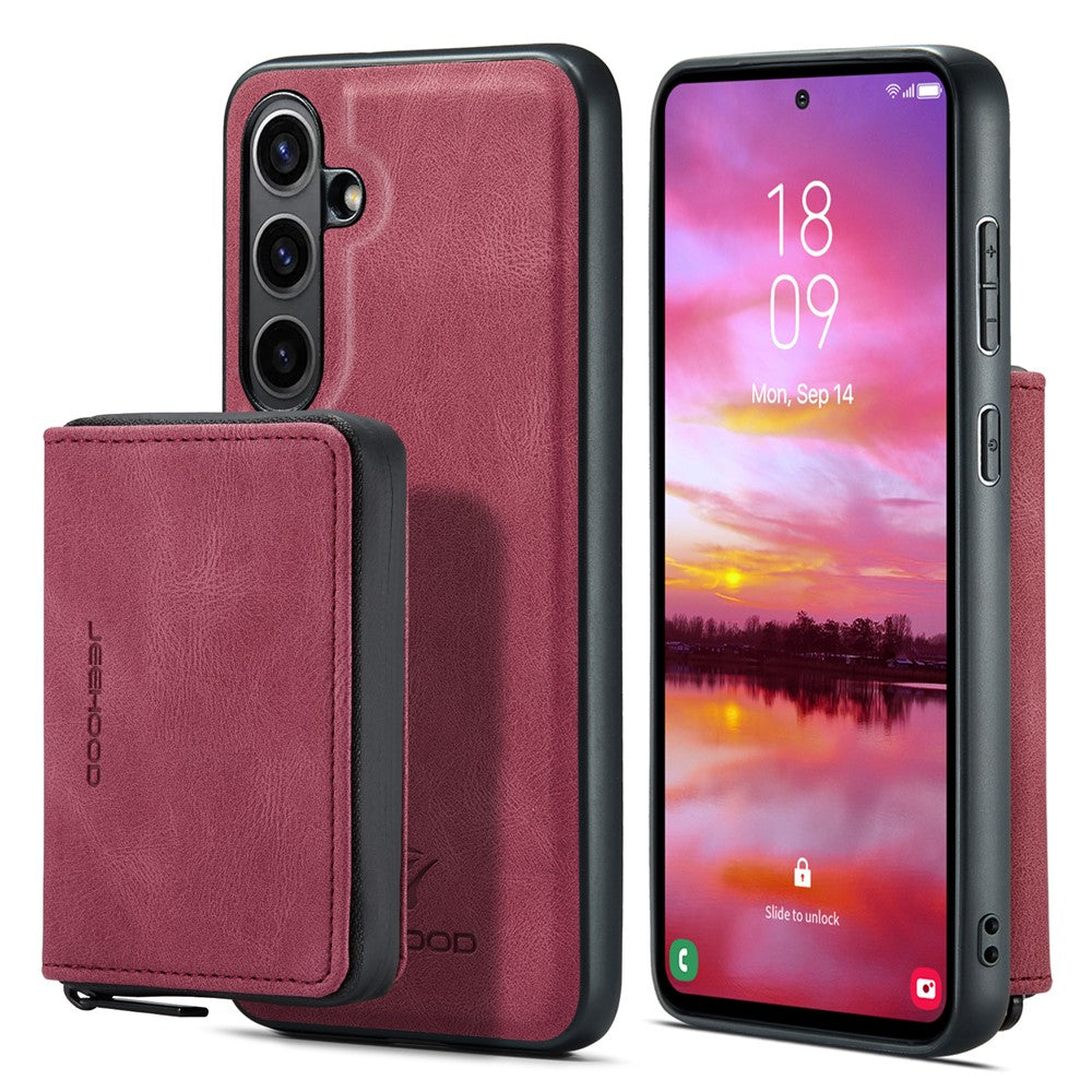 CASEME Til Samsung Galaxy S24 FE Etui JEEHOOD J02 Aftageligt 2-i-1 Læderbelagt TPU Telefoncover med Stander og Lynlåspung